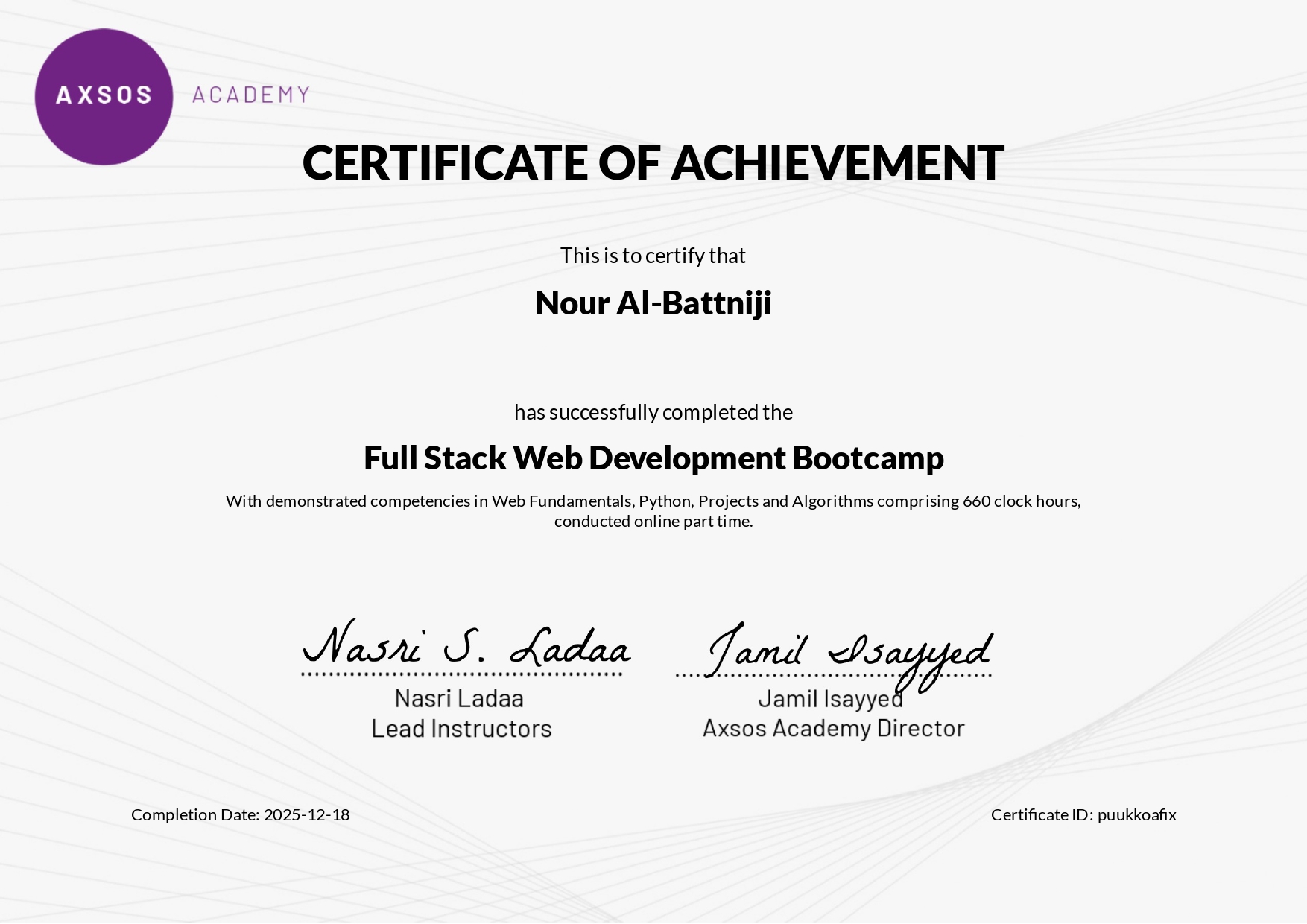Full Stack Web Development certificate